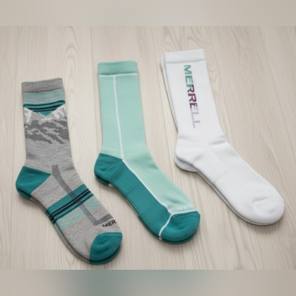🔥NEW! Merrell Repreve Everyday Socks - Gray and Teal 3 pair NWT Sz MEDIUM LARGE